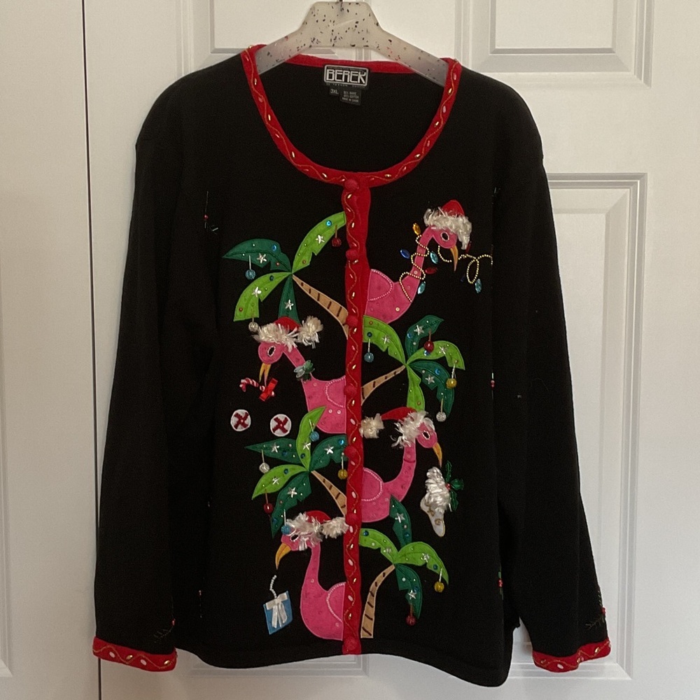 Berek Vintage Black Cardigan with Pink Flamingo Design